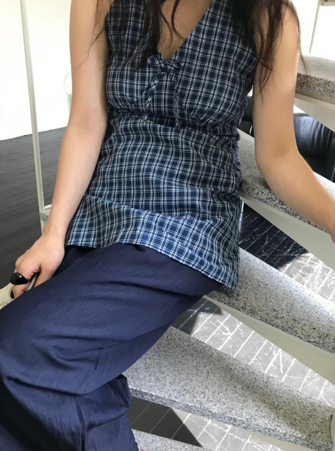 있음 선적 한국 chic 행침 목 나비 매듭 배색 체크무늬 작은 키 드레스 연령 감소 허리 수축 한 마디 미니 스커트 상세 이미지 10