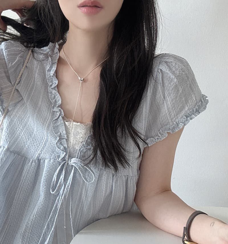 있음 선적 한국 chic 여름 새로운 레이스업 파란색 스트라이프 프릴 페이크 레이어드 반팔 셔츠 이미지 4