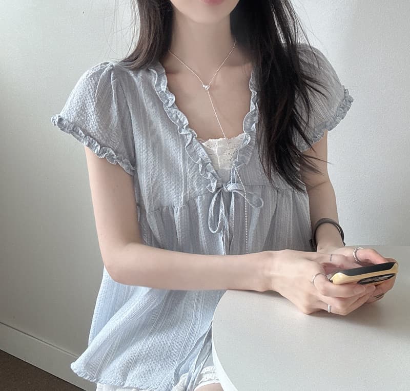 있음 선적 한국 chic 여름 새로운 레이스업 파란색 스트라이프 프릴 페이크 레이어드 반팔 셔츠 이미지 3