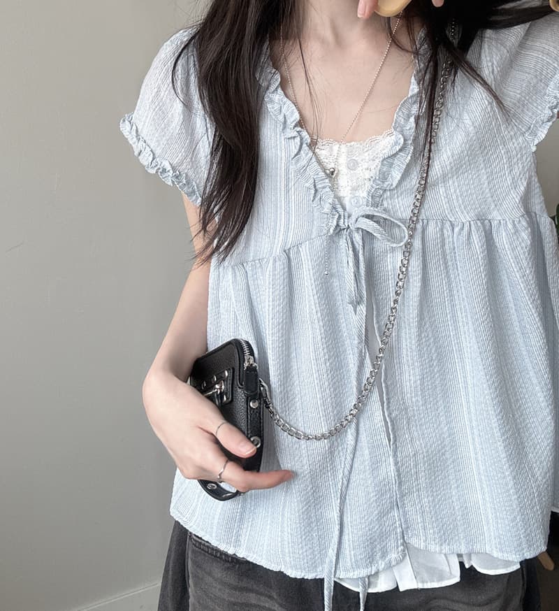 있음 선적 한국 chic 여름 새로운 레이스업 파란색 스트라이프 프릴 페이크 레이어드 반팔 셔츠 상세 이미지 3