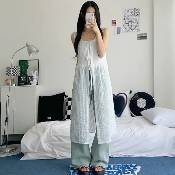 지금 재고 있음 한 chic 양면 착용 조끼 여성 드레스 봄 새로운 루즈핏 중간 길이 민소매 A라인 스커트 상세 이미지 3