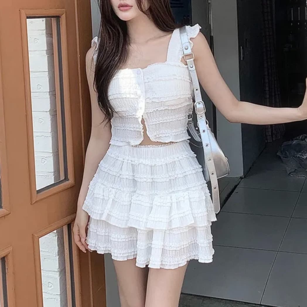 있음 선적 한국 chic 프릴 디자인 센스 세트 프랑스식 달콤함 연령 감소 조끼 하이웨이스트 퍼프 케이크 드레스 이미지 2