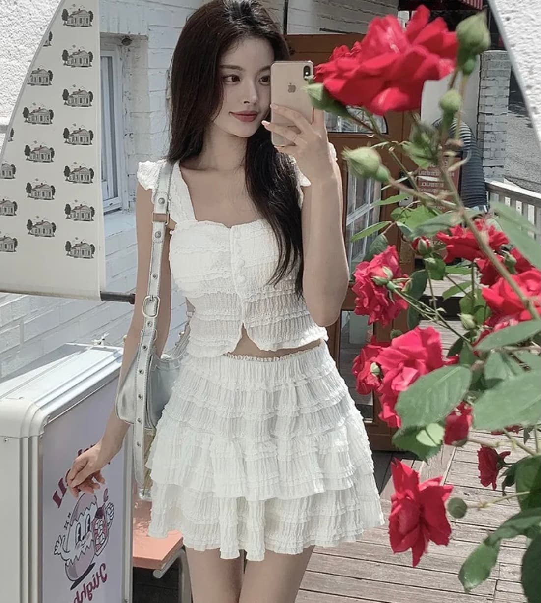 있음 선적 한국 chic 프릴 디자인 센스 세트 프랑스식 달콤함 연령 감소 조끼 하이웨이스트 퍼프 케이크 드레스 상세 이미지 1