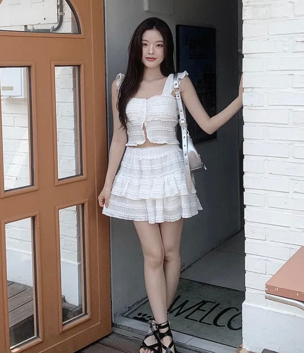 있음 선적 한국 chic 프릴 디자인 센스 세트 프랑스식 달콤함 연령 감소 조끼 하이웨이스트 퍼프 케이크 드레스 상세 이미지 7