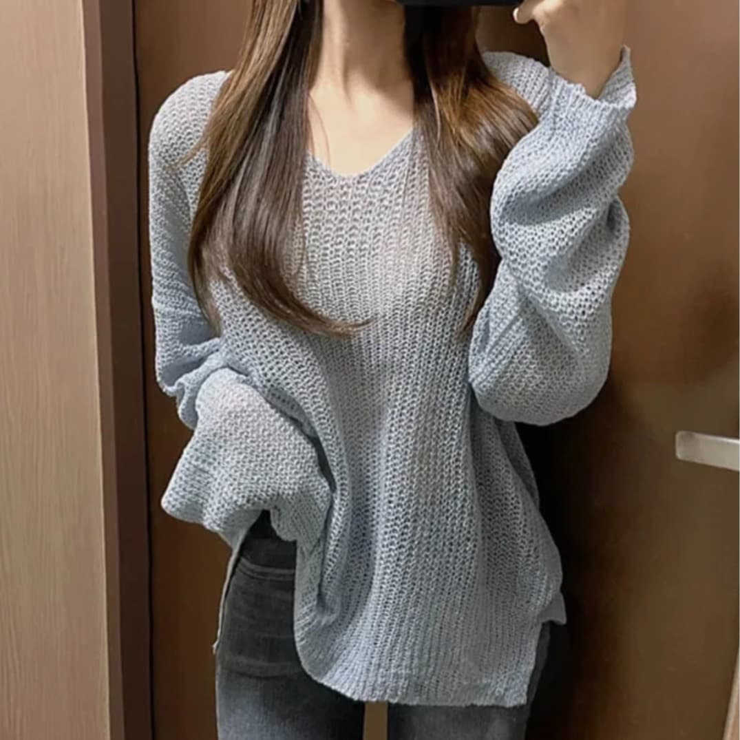 지금 재고 있음 한국 chic 루즈핏 느긋한 바람 V넥 자외선 차단 블라우스 한국 스타일 봄 가을 긴팔 니트 스웨터 여자 이미지 2