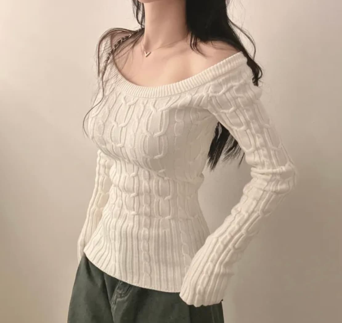 있음 선적 한국 chic 봄 가을 기타 착용 법 비스듬한 어깨 보트넥 꽈배기 몸매 가꾸기 슬림해 보이는 긴팔 니트 맨위 상세 이미지 1