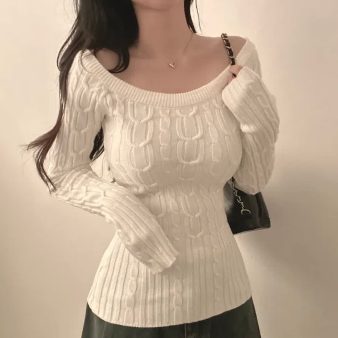 있음 선적 한국 chic 봄 가을 기타 착용 법 비스듬한 어깨 보트넥 꽈배기 몸매 가꾸기 슬림해 보이는 긴팔 니트 맨위 상세 이미지 6