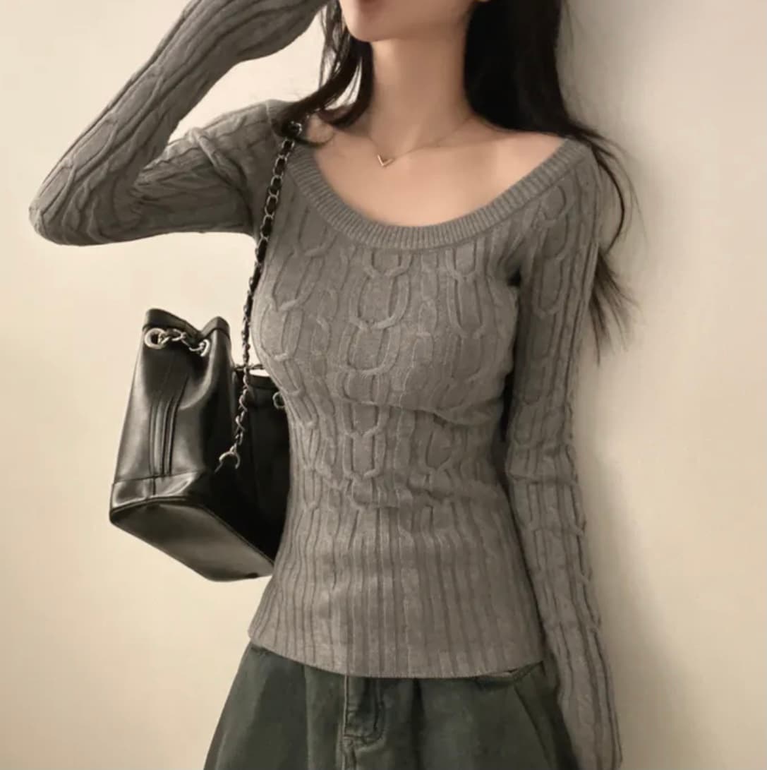 있음 선적 한국 chic 봄 가을 기타 착용 법 비스듬한 어깨 보트넥 꽈배기 몸매 가꾸기 슬림해 보이는 긴팔 니트 맨위 상세 이미지 9