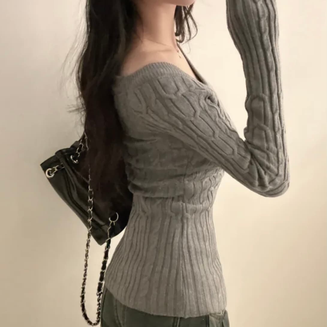 있음 선적 한국 chic 봄 가을 기타 착용 법 비스듬한 어깨 보트넥 꽈배기 몸매 가꾸기 슬림해 보이는 긴팔 니트 맨위 상세 이미지 10