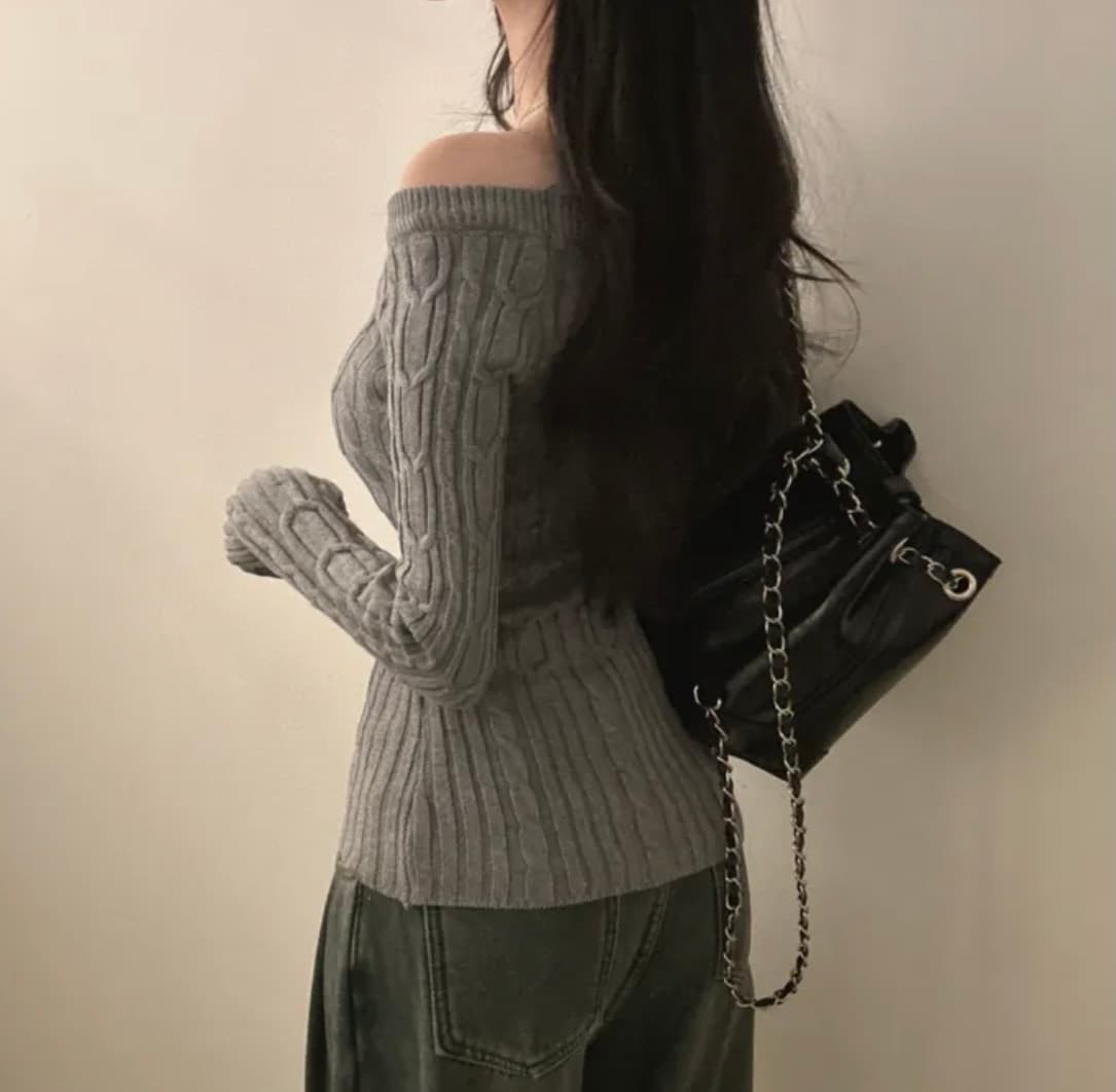 있음 선적 한국 chic 봄 가을 기타 착용 법 비스듬한 어깨 보트넥 꽈배기 몸매 가꾸기 슬림해 보이는 긴팔 니트 맨위 상세 이미지 11