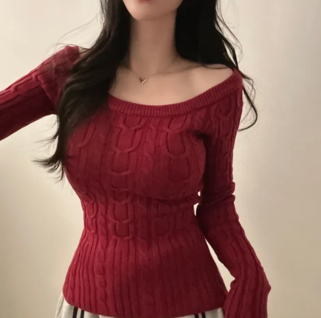 있음 선적 한국 chic 봄 가을 기타 착용 법 비스듬한 어깨 보트넥 꽈배기 몸매 가꾸기 슬림해 보이는 긴팔 니트 맨위 상세 이미지 13