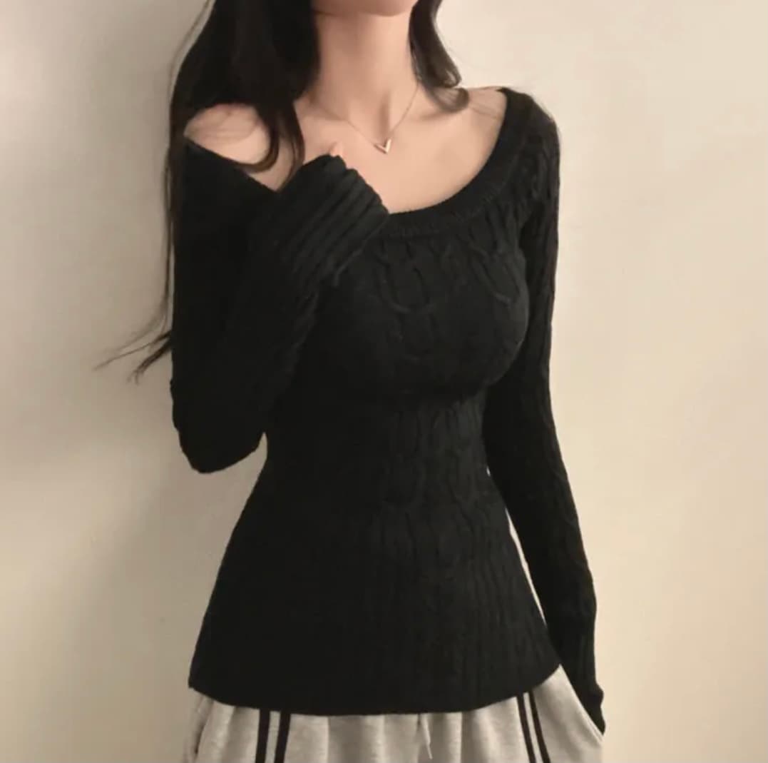 있음 선적 한국 chic 봄 가을 기타 착용 법 비스듬한 어깨 보트넥 꽈배기 몸매 가꾸기 슬림해 보이는 긴팔 니트 맨위 상세 이미지 19