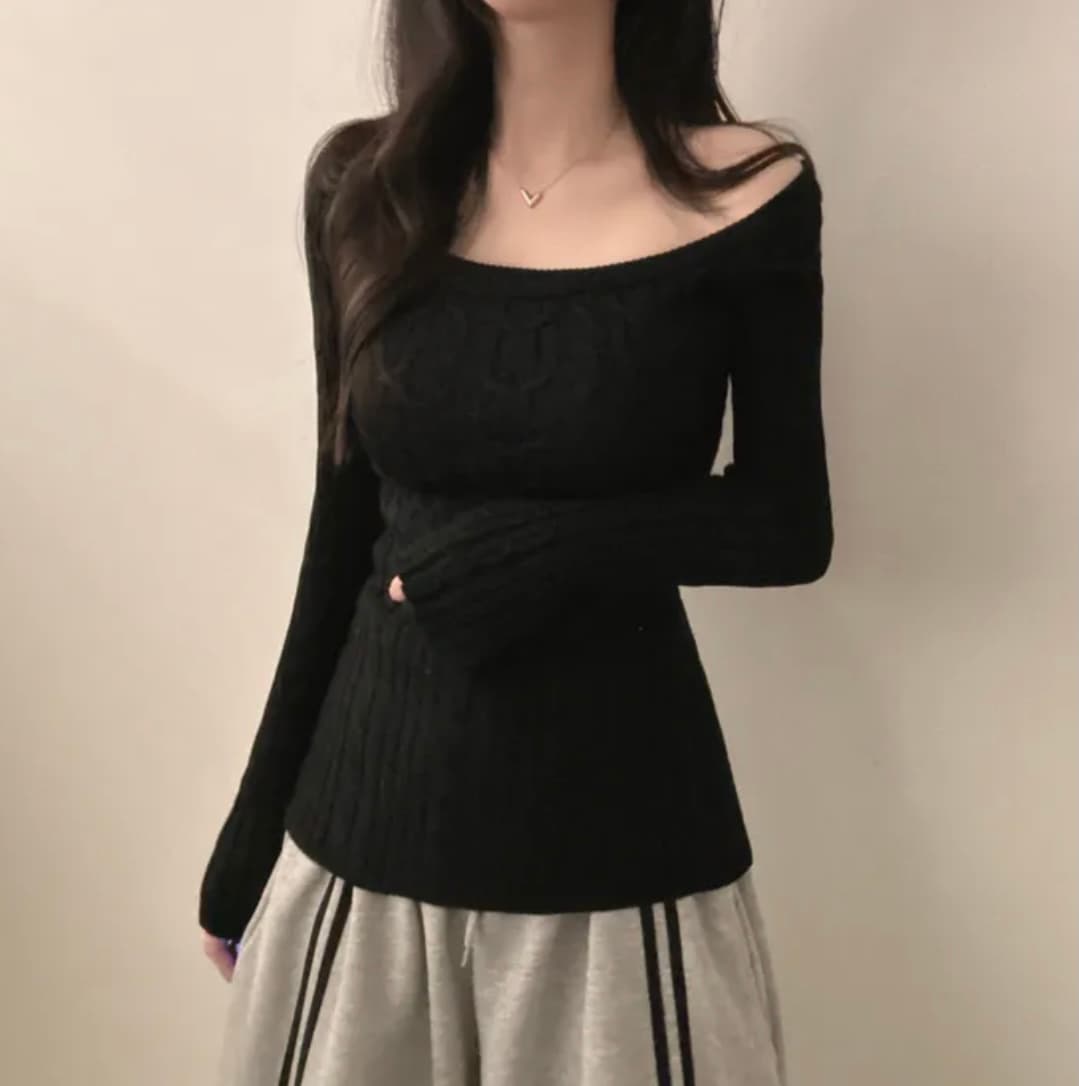 있음 선적 한국 chic 봄 가을 기타 착용 법 비스듬한 어깨 보트넥 꽈배기 몸매 가꾸기 슬림해 보이는 긴팔 니트 맨위 상세 이미지 21