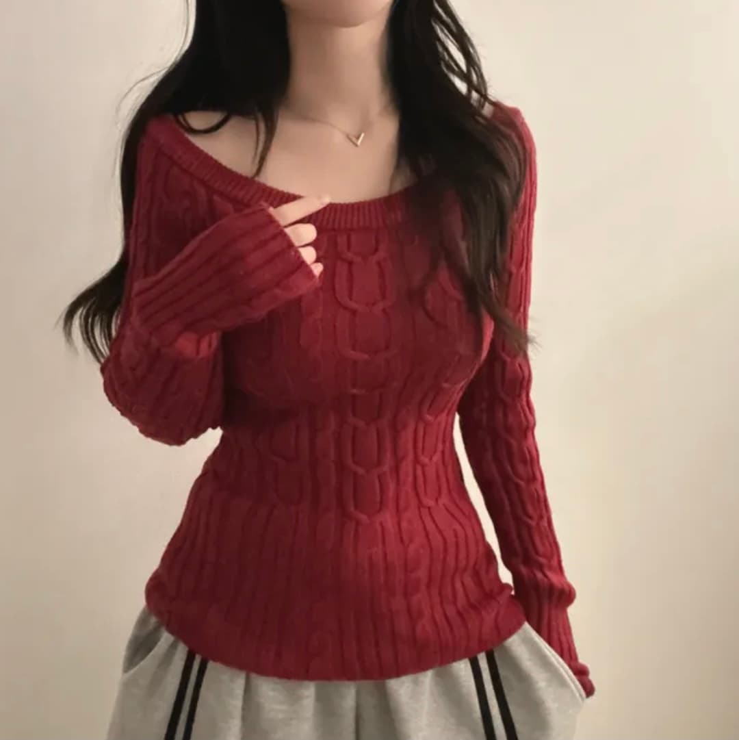 있음 선적 한국 chic 봄 가을 기타 착용 법 비스듬한 어깨 보트넥 꽈배기 몸매 가꾸기 슬림해 보이는 긴팔 니트 맨위 이미지 3