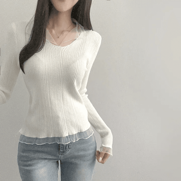 있음 선적 한국 chic 봄 가을 새로운 화이트 망사 패치워크 니트 맨위 몸매 가꾸기 기본 셔츠 품격 다용도 상세 이미지 2