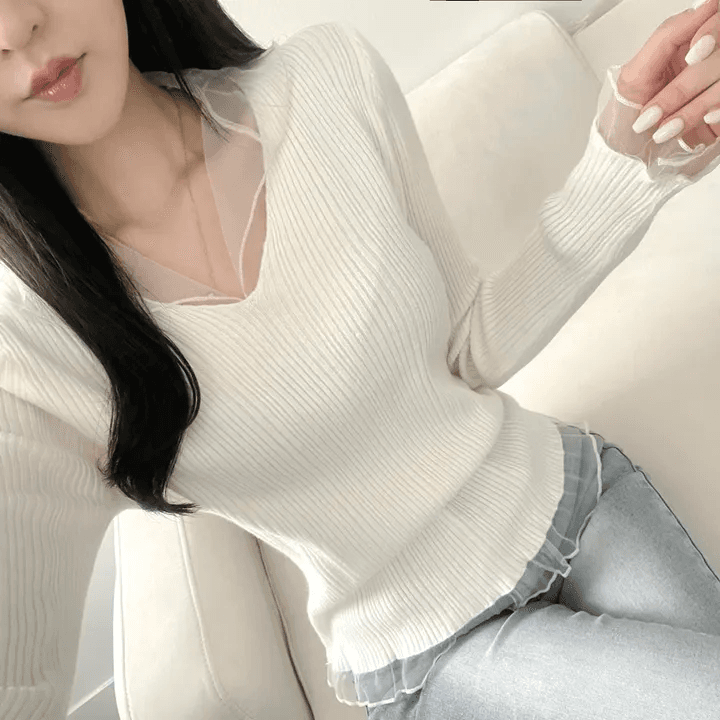 있음 선적 한국 chic 봄 가을 새로운 화이트 망사 패치워크 니트 맨위 몸매 가꾸기 기본 셔츠 품격 다용도 상세 이미지 4