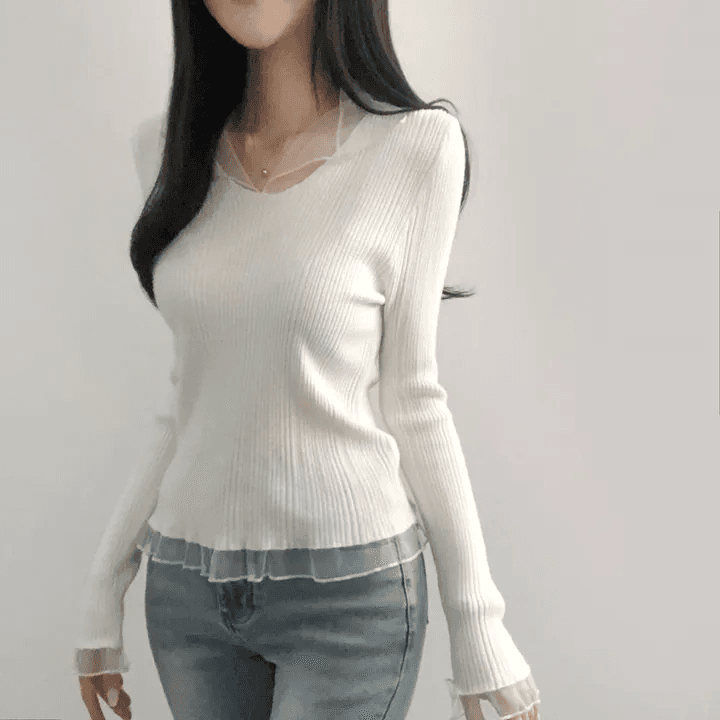 있음 선적 한국 chic 봄 가을 새로운 화이트 망사 패치워크 니트 맨위 몸매 가꾸기 기본 셔츠 품격 다용도 상세 이미지 5