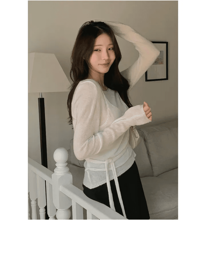 지금 재고 있음 한국 chic 봄 가을 달콤함 페이크 레이어드 스트랩 니트 스웨터 얇은 스타일 품격 다용도 맨위 상세 이미지 10