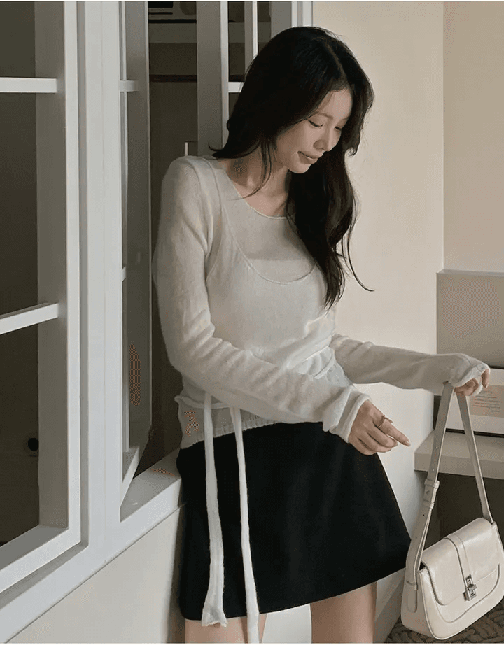 지금 재고 있음 한국 chic 봄 가을 달콤함 페이크 레이어드 스트랩 니트 스웨터 얇은 스타일 품격 다용도 맨위 상세 이미지 13