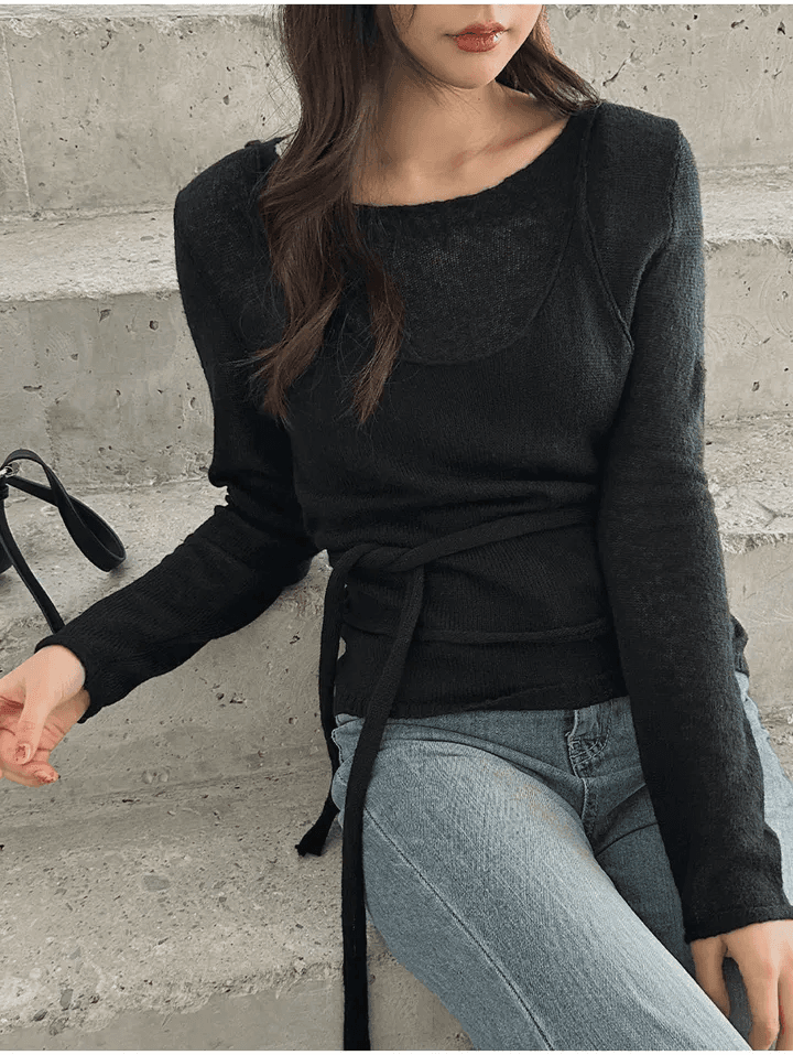 지금 재고 있음 한국 chic 가을 달콤함 페이크 레이어드 스트랩 니트 스웨터 얇은 스타일 품격 다용도 맨위 상세 이미지 16