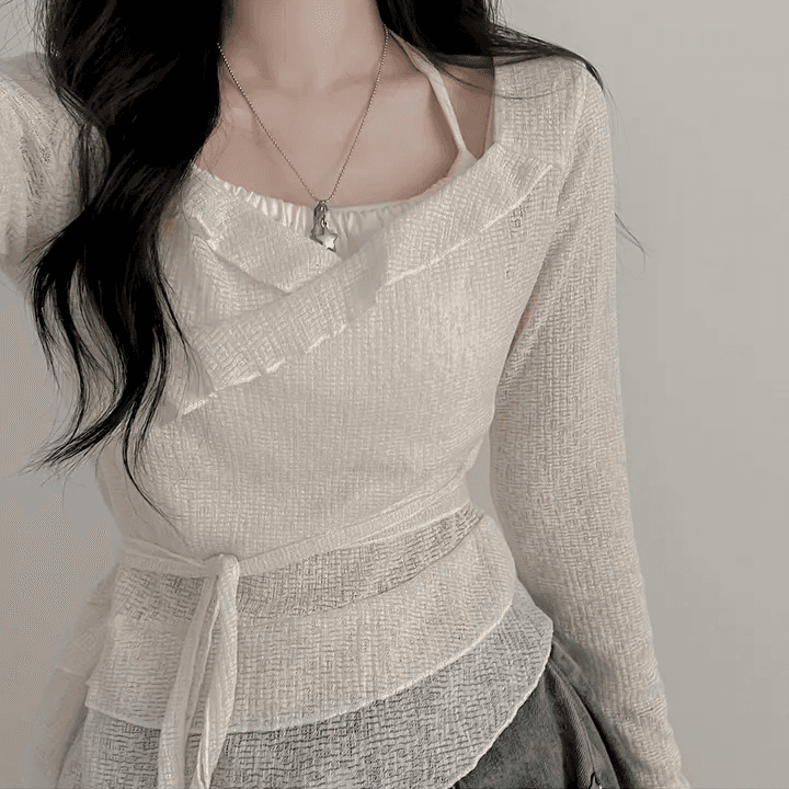 있음 선적 한국 chic 봄 여름 페이크 레이어드 레이스업 행침 목 블라우스 티셔츠 여성 달콤함 품격 맨위 상세 이미지 11