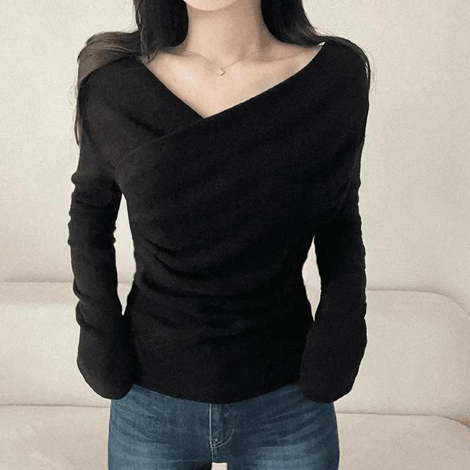 있음 선적 한국 chic 봄 가을 고급 센스 품격 흔들다 칼라 긴팔 디자인 센스 몸매 가꾸기 니트 맨위 이미지 2
