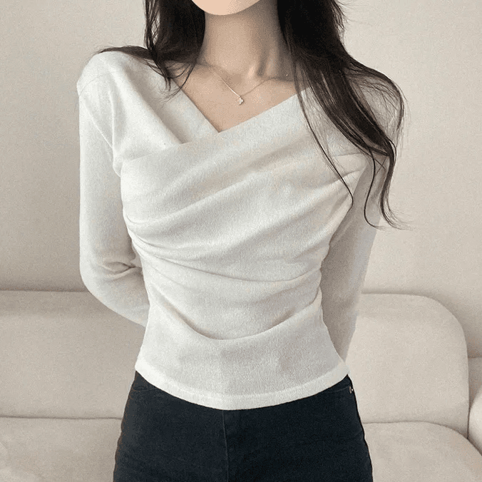 있음 선적 한국 chic 봄 가을 고급 센스 품격 흔들다 칼라 긴팔 디자인 센스 몸매 가꾸기 니트 맨위 상세 이미지 1