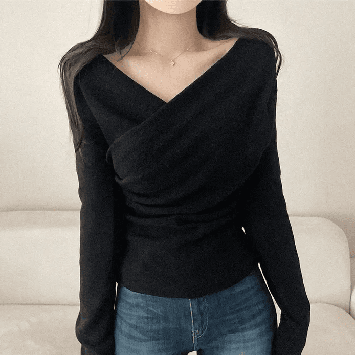 있음 선적 한국 chic 봄 가을 고급 센스 품격 흔들다 칼라 긴팔 디자인 센스 몸매 가꾸기 니트 맨위 상세 이미지 9