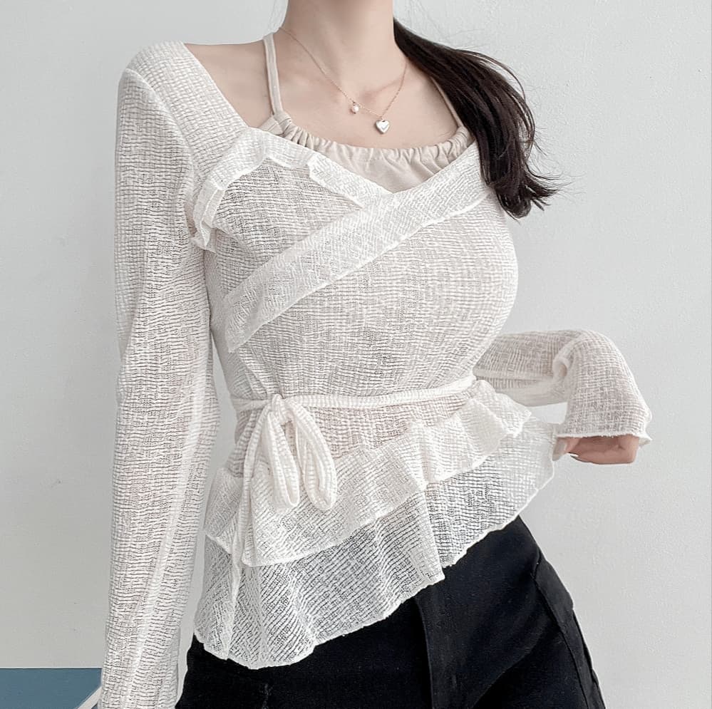 있음 선적 한국 chic 봄 여름 페이크 레이어드 행침 목 레이스업 블라우스 달콤함 품격 맨위 티셔츠 여성 상세 이미지 2