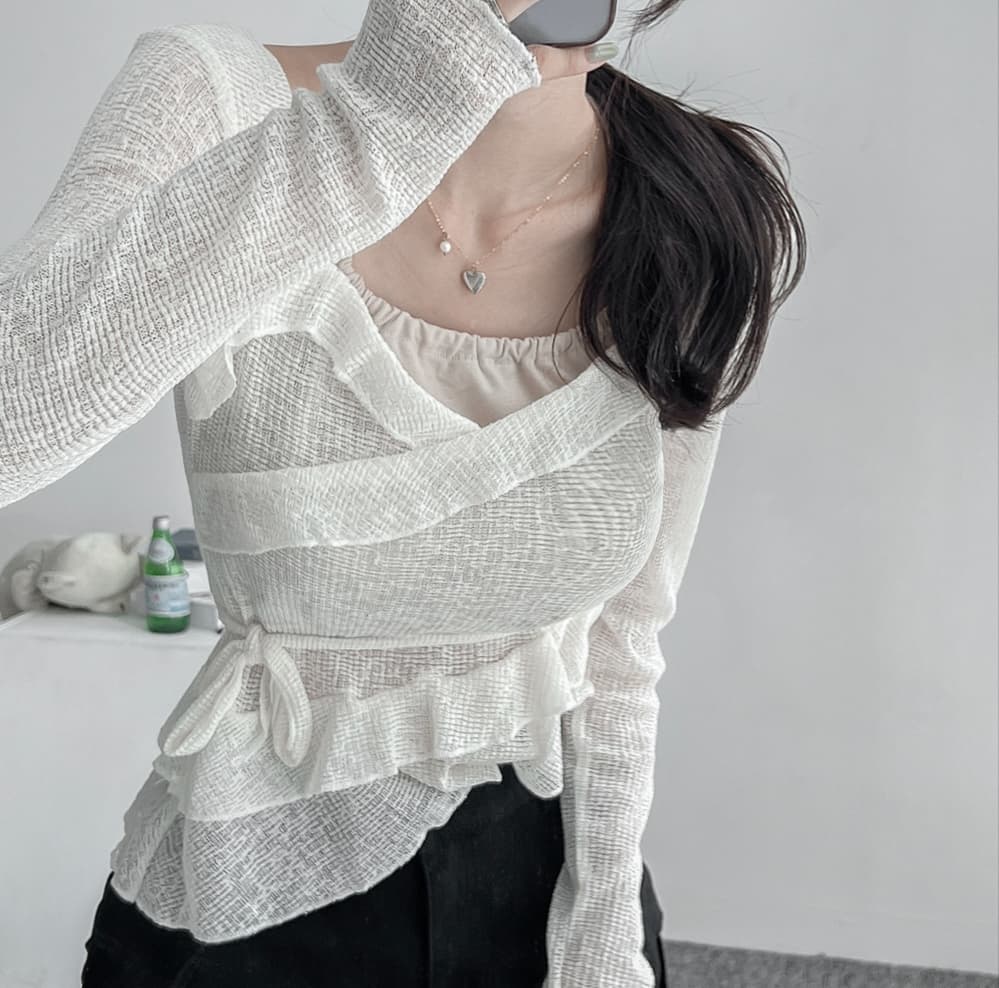 있음 선적 한국 chic 봄 여름 페이크 레이어드 행침 목 레이스업 블라우스 달콤함 품격 맨위 티셔츠 여성 상세 이미지 7