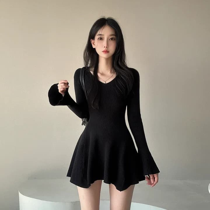 있음 선적 한국 chic 고급 센스 나팔 긴팔 품격 니트 원피스 부드러운 바람 V넥 허리 수축 한 마디 드레스 이미지 2
