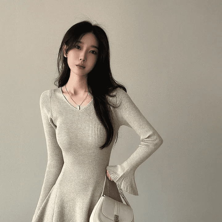 있음 선적 한국 chic 고급 센스 나팔 긴팔 품격 니트 원피스 부드러운 바람 V넥 허리 수축 한 마디 드레스 상세 이미지 7