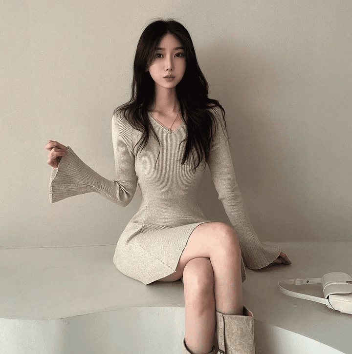 있음 선적 한국 chic 고급 센스 나팔 긴팔 품격 니트 원피스 부드러운 바람 V넥 허리 수축 한 마디 드레스 상세 이미지 8