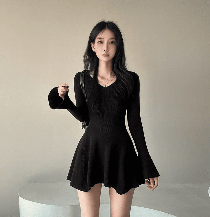 있음 선적 한국 chic 고급 센스 나팔 긴팔 품격 니트 원피스 부드러운 바람 V넥 허리 수축 한 마디 드레스 상세 이미지 10