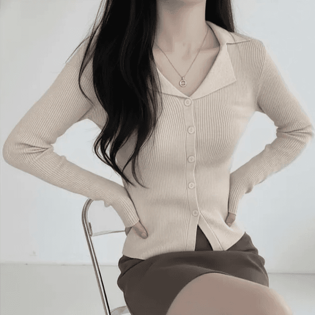 있음 선적 한국 chic 봄 가을 오픈 가디건 품격 느긋한 종이 사람들 POLO 칼라 얇은 스타일 긴팔 니트 맨위 이미지 2
