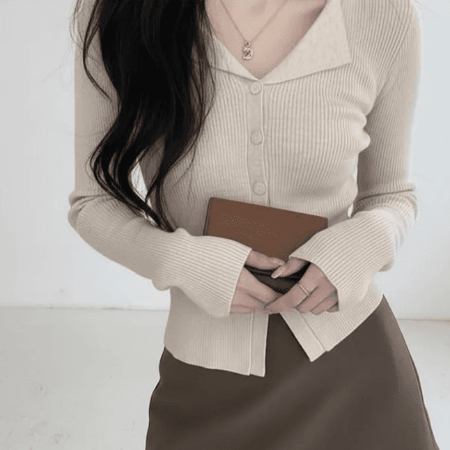 있음 선적 한국 chic 봄 가을 오픈 가디건 품격 느긋한 종이 사람들 POLO 칼라 얇은 스타일 긴팔 니트 맨위 상세 이미지 2