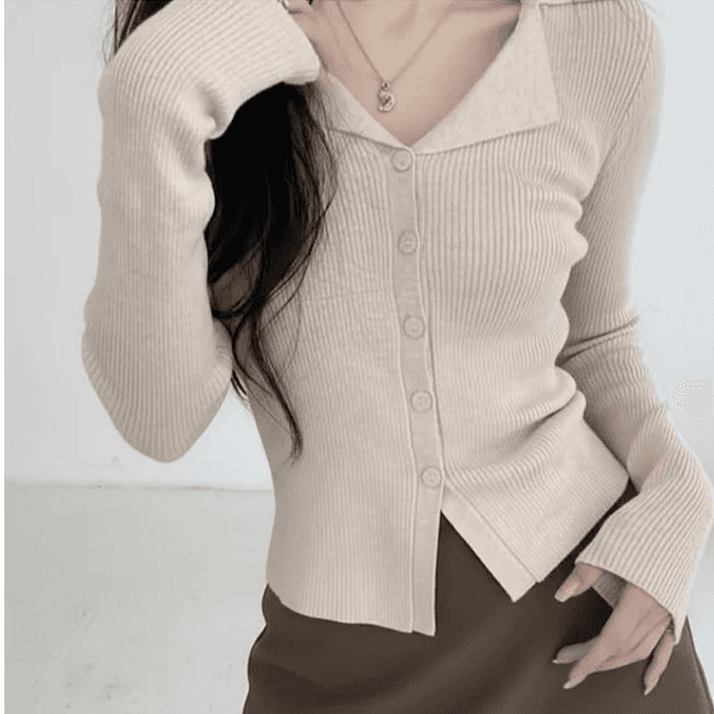있음 선적 한국 chic 봄 가을 오픈 가디건 품격 느긋한 종이 사람들 POLO 칼라 얇은 스타일 긴팔 니트 맨위 상세 이미지 3