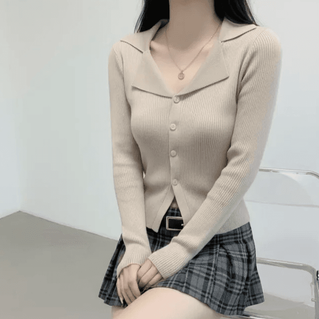 있음 선적 한국 chic 봄 가을 오픈 가디건 품격 느긋한 종이 사람들 POLO 칼라 얇은 스타일 긴팔 니트 맨위 상세 이미지 5