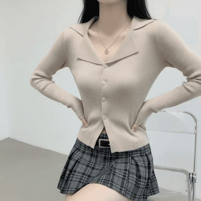 있음 선적 한국 chic 봄 가을 오픈 가디건 품격 느긋한 종이 사람들 POLO 칼라 얇은 스타일 긴팔 니트 맨위 상세 이미지 6