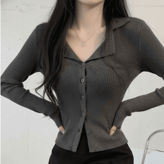 있음 선적 한국 chic 봄 가을 오픈 가디건 품격 느긋한 종이 사람들 POLO 칼라 얇은 스타일 긴팔 니트 맨위 상세 이미지 10