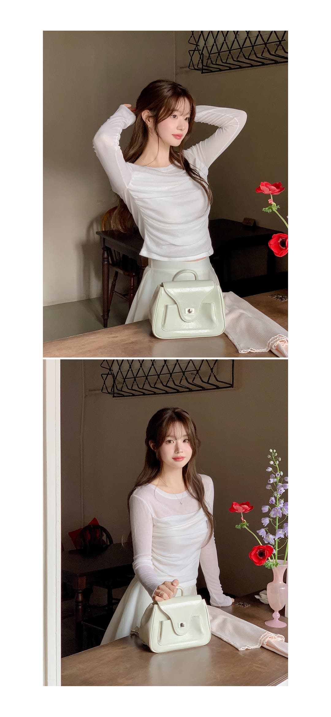 있음 선적 한국 chic 봄과 가을 패치워크 주름 허리 수축 몸매 가꾸기 긴팔 티셔츠 상세 이미지 1
