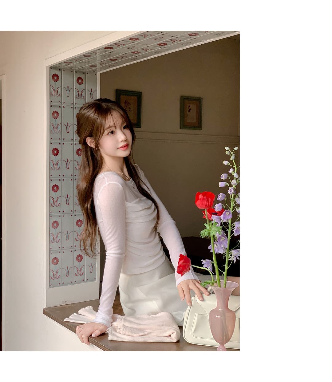 있음 선적 한국 chic 봄과 가을 패치워크 주름 허리 수축 몸매 가꾸기 긴팔 티셔츠 상세 이미지 4