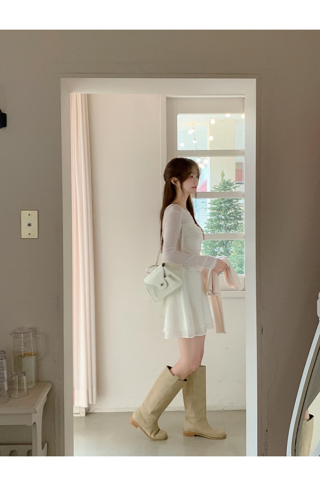 있음 선적 한국 chic 봄과 가을 패치워크 주름 허리 수축 몸매 가꾸기 긴팔 티셔츠 상세 이미지 7