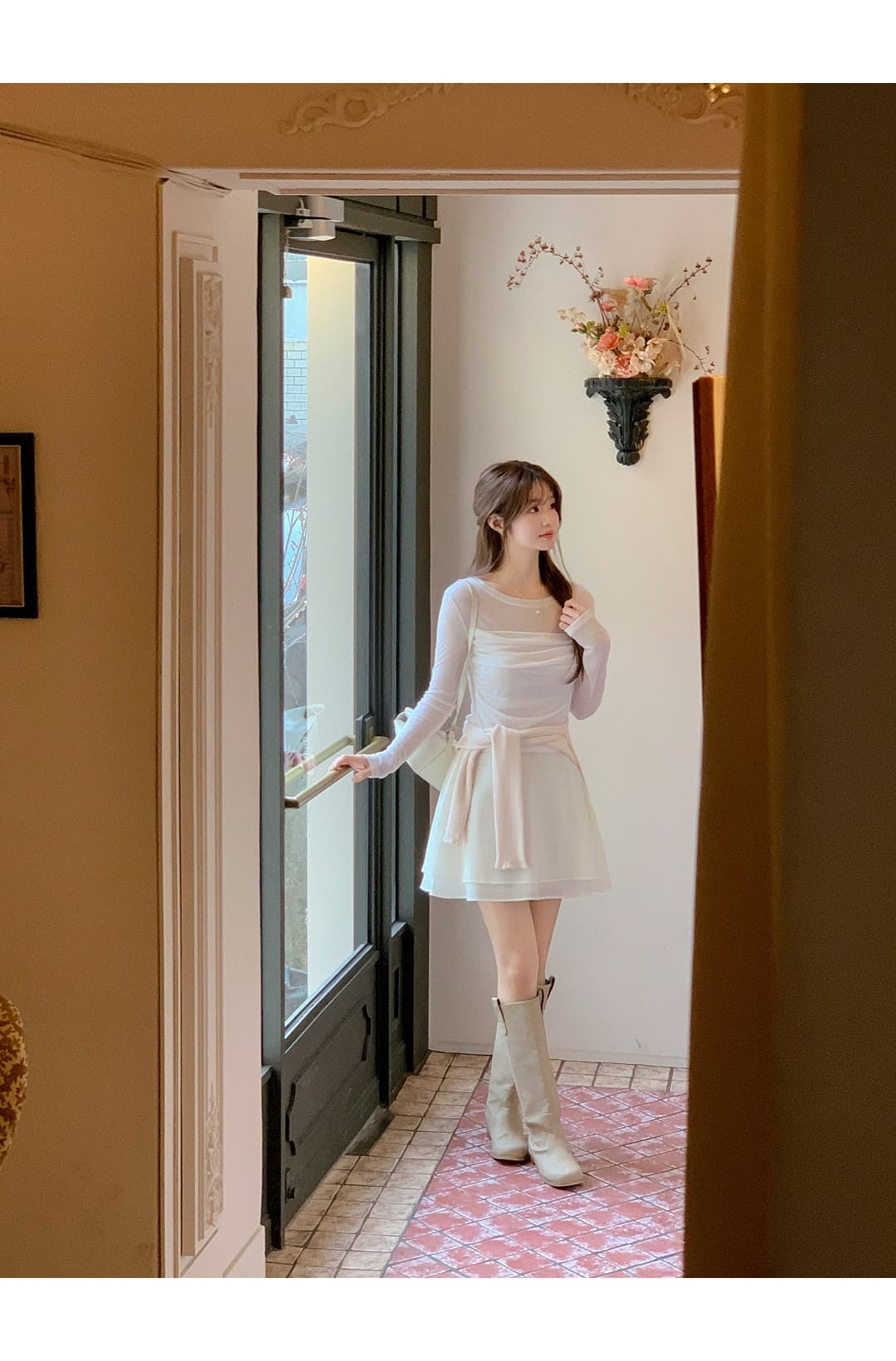있음 선적 한국 chic 봄과 가을 패치워크 주름 허리 수축 몸매 가꾸기 긴팔 티셔츠 상세 이미지 11