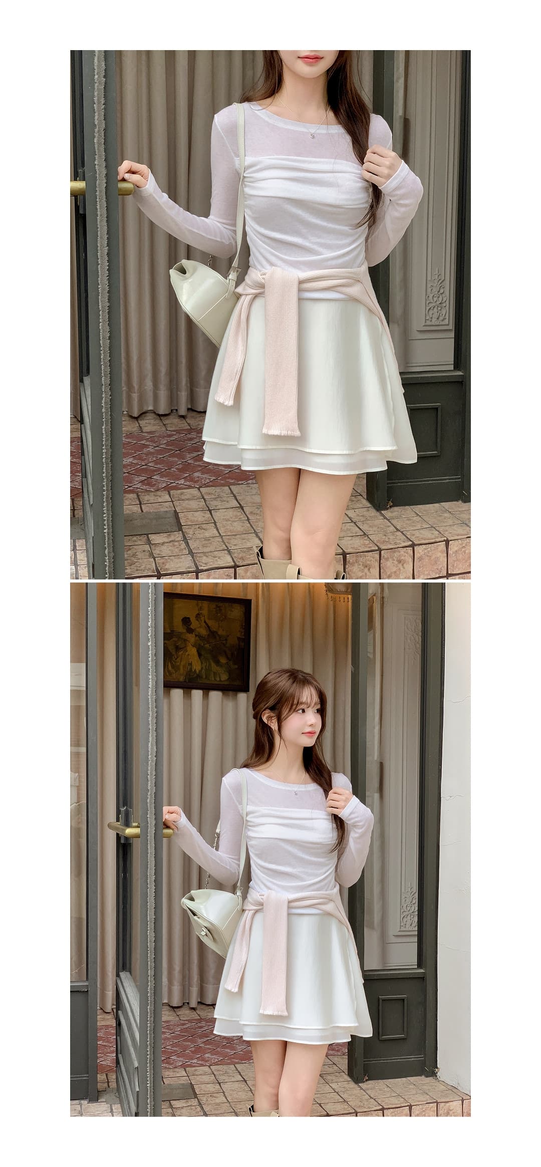 있음 선적 한국 chic 봄과 가을 패치워크 주름 허리 수축 몸매 가꾸기 긴팔 티셔츠 상세 이미지 12