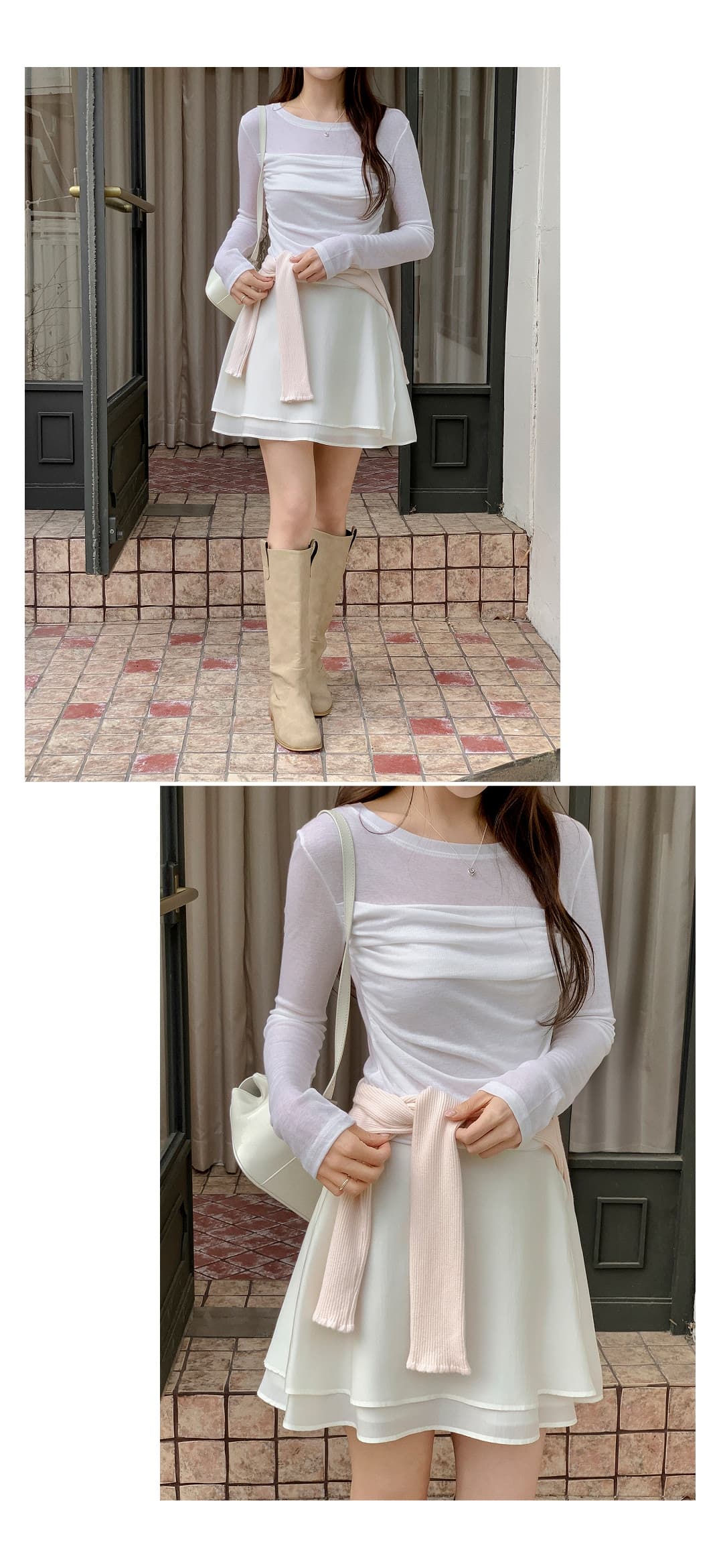있음 선적 한국 chic 봄과 가을 패치워크 주름 허리 수축 몸매 가꾸기 긴팔 티셔츠 상세 이미지 13