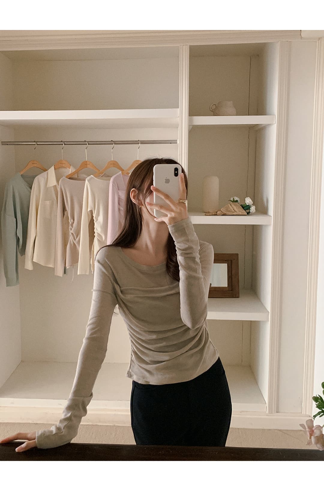 있음 선적 한국 chic 봄과 가을 패치워크 주름 허리 수축 몸매 가꾸기 긴팔 티셔츠 상세 이미지 15