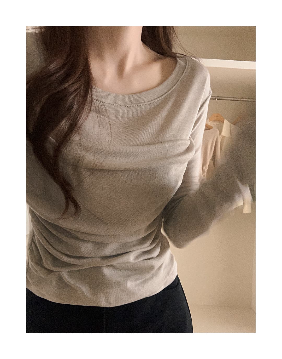 있음 선적 한국 chic 봄과 가을 패치워크 주름 허리 수축 몸매 가꾸기 긴팔 티셔츠 상세 이미지 16