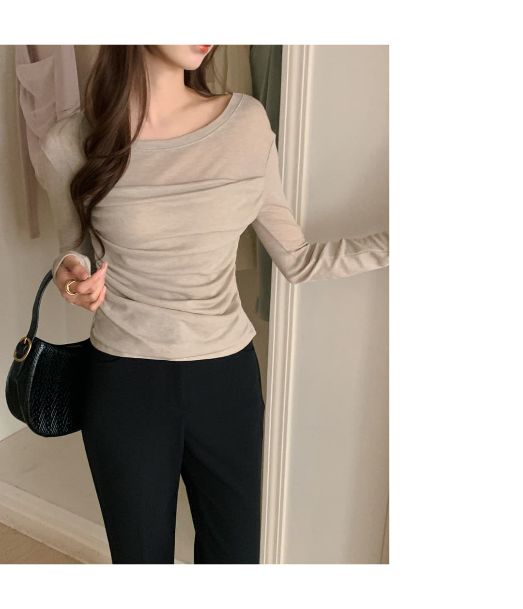 있음 선적 한국 chic 봄과 가을 패치워크 주름 허리 수축 몸매 가꾸기 긴팔 티셔츠 상세 이미지 17