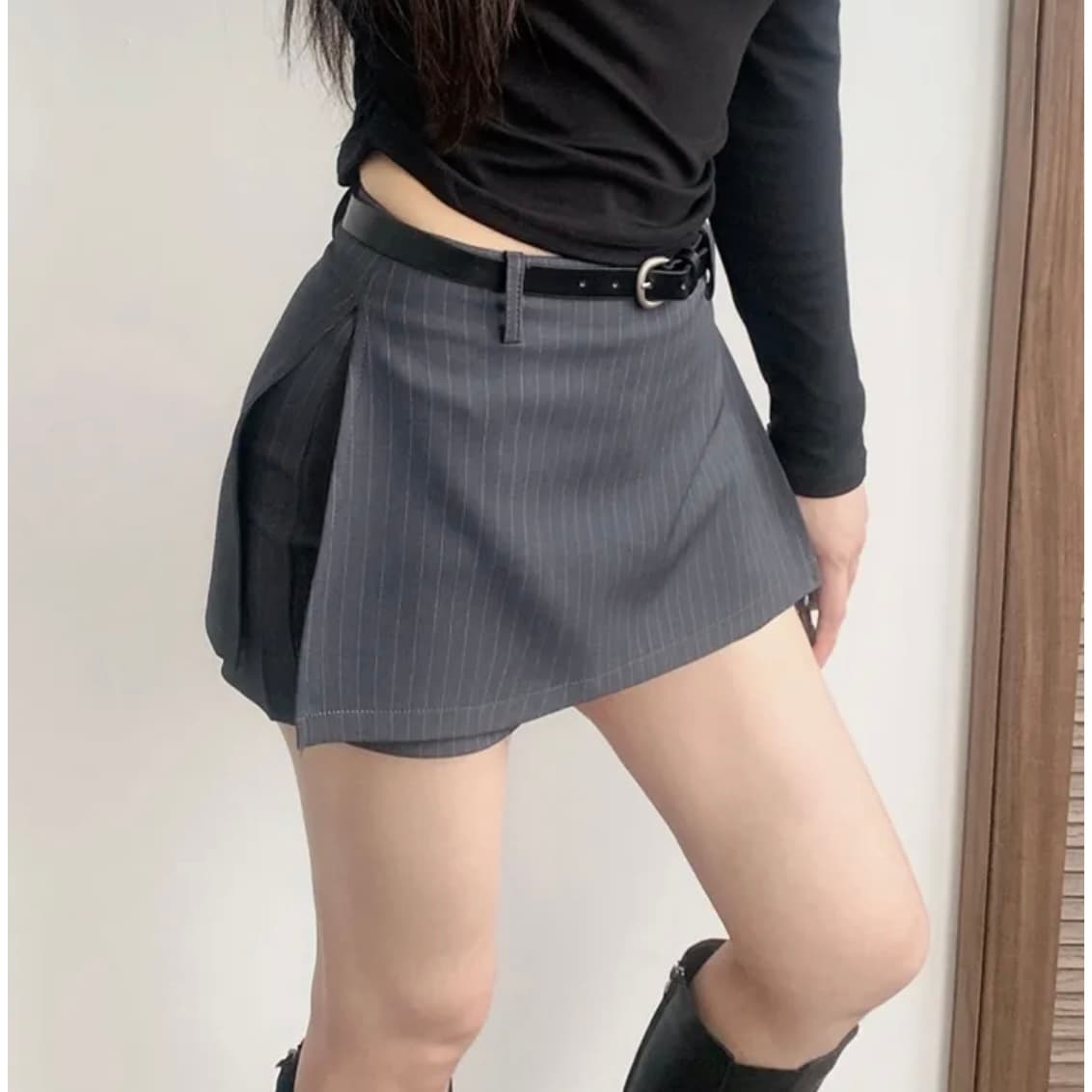 있음 선적 한국 chic 정장 반신 스커트 다용도 스트라이프 한 마디 노출 방지 바지 벨트 포함 이미지 3